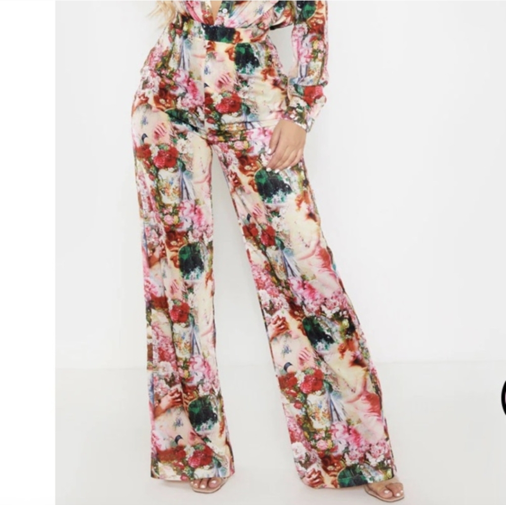 PrettyLittleThing Womens Floral Pants High Rise Wide Leg Coquette Plus Size 20